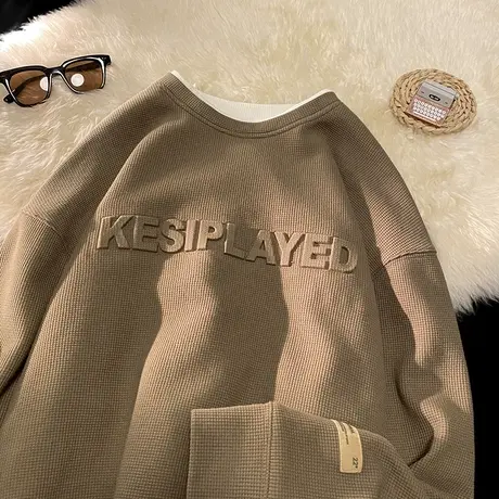 重磅华夫格长袖t恤男士春秋款假两件圆领卫衣男休闲宽松港风上衣T商品大图