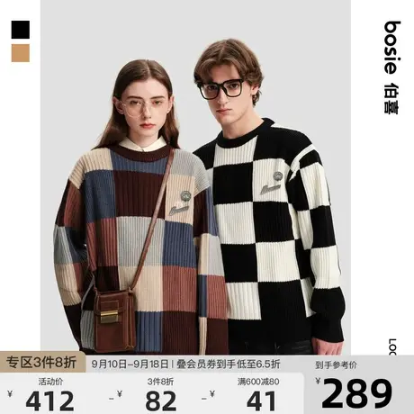 【哆啦A梦】bosie2023年冬季新款毛衣情侣男棋盘格撞色拼接毛衣商品大图