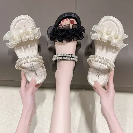 两穿凉鞋女2023年夏季新款时尚珍珠百搭罗马鞋仙女风厚底凉拖ins商品大图