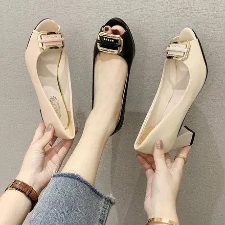 2023春季新款甜美蝴蝶结妈妈工作鞋子女士鱼嘴单鞋粗跟高跟鞋中跟商品大图