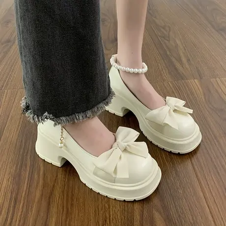 法式玛丽珍小皮鞋女2023春新款厚底增高蝴蝶结配裙子粗跟高跟单鞋商品大图