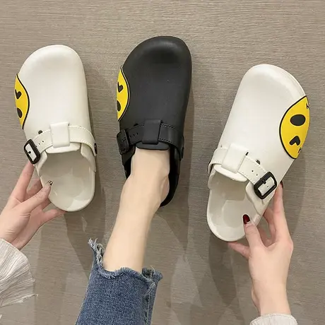 包头半拖鞋女时尚网红洞洞鞋外穿软底防滑夏季新款卡通笑脸凉拖鞋商品大图