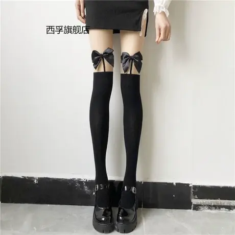 蝴蝶结吊带袜女过膝长筒袜子大腿袜全棉白色日系可爱JK黑色ins潮图片