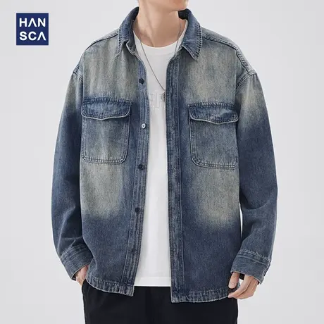 hansca翻领长袖牛仔衬衫男春季新款日系工装复古水洗休闲衬衣外套图片