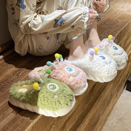 可爱彩虹兽棉拖鞋女2024秋冬季新款室内居家毛绒保暖厚底家居拖鞋图片