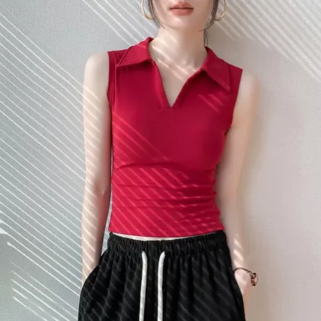 POLO领无袖背心女2025夏季新款外穿修身显瘦白色翻领纯棉内搭上衣商品大图