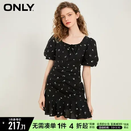 ONLY夏季法式方领收腰显瘦碎花黑色连衣裙女|123107011图片