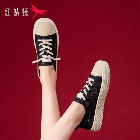 红蜻蜓2023秋款懒人一脚蹬渔夫鞋网面百搭透气运动休闲蕾丝帆布鞋商品大图