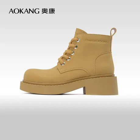 奥康女鞋 春秋款厚底高帮马丁靴踢不烂甜酷系带时尚休闲大黄靴商品大图