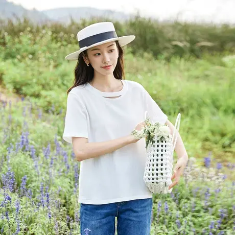 茵曼设计感镂空圆领简约休闲T恤2023夏女装新款宽松显瘦减龄上衣商品大图