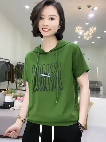 2023年夏季新款时尚连帽短袖t恤女字母印花休闲百搭宽松显瘦上衣商品大图