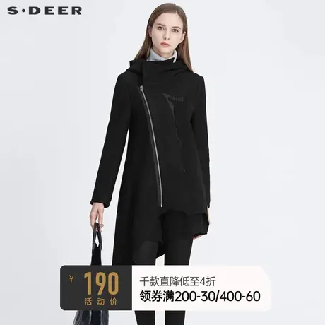 sdeer圣迪奥冬季高领连帽斜襟做旧磨破黑色毛呢大衣女S20481703图片