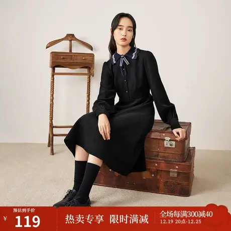 【商场同款】茵曼文艺女冬季新款撞色拼接蕾丝两件套连衣裙图片