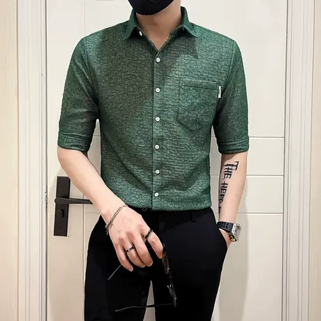 七分中袖高级肌理感衬衫男士新款痞帅潮流男装短袖衬衣发型师上衣图片