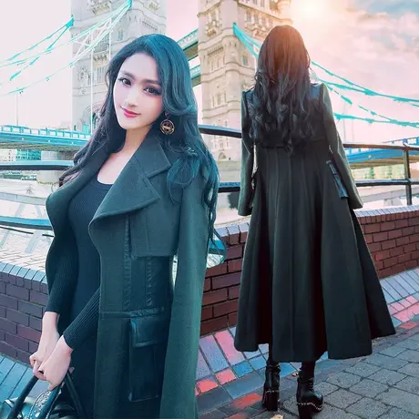 VJE秋冬装新款 通勤气质中长款拼接pu皮呢大衣外套女商品大图