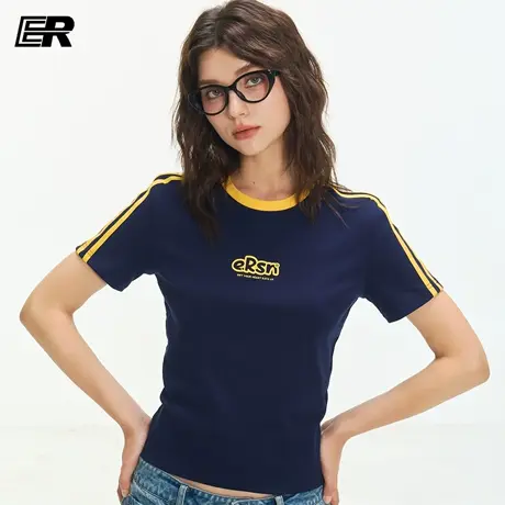 【明星同款】ER防晒凉感条纹字母短袖男女夏季潮牌运动T恤情侣装商品大图