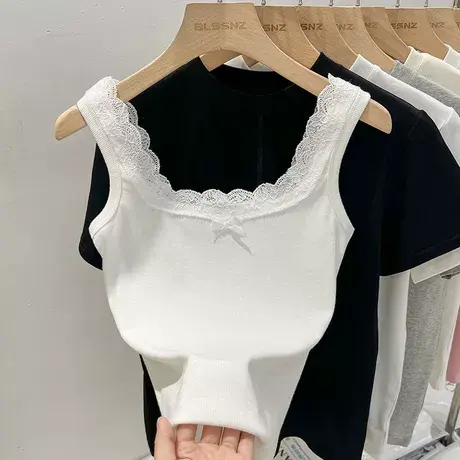 蕾丝拼接蝴蝶结吊带背心女夏季修身小个子短款纯欲性感无袖上衣潮图片