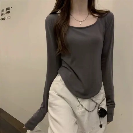 U型领别致设计感小众长袖t恤女春秋装修身内搭纯欲短款打底衫上衣商品大图
