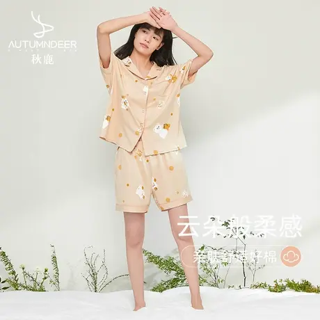 秋鹿特价【舒眠型】夏季翻领纯棉睡衣女卡通开衫短袖短裤家居服女商品大图