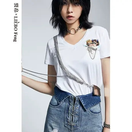 X裂帛LIEBOFeng复古chic天使印花甜酷链条V领短袖T恤商品大图