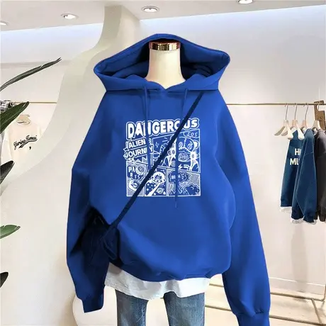 连帽卫衣女2022韩版新款薄款克莱因蓝春秋季宽松大码外套上衣ins图片
