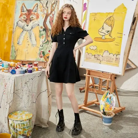 妖精的口袋黑色牛仔连衣裙女2023夏新款泡泡袖设计感小众v领修身商品大图