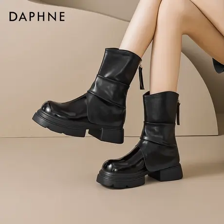 达芙妮亮面机车短靴女夏配裙巨好看马丁靴2025新款黑色骑士裤管靴商品大图