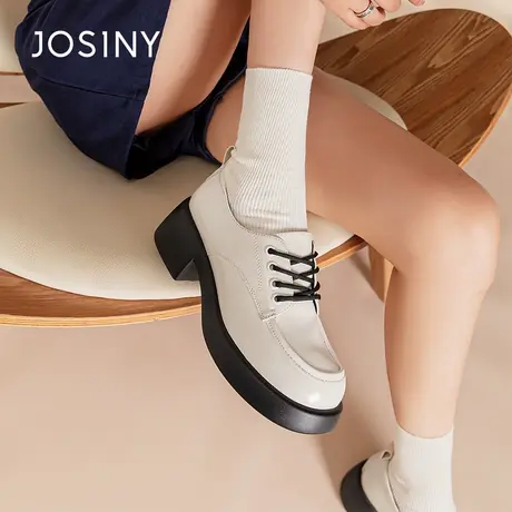 卓诗尼复古厚底百搭小皮鞋女2024新款夏季牛津鞋白色粗跟深口单鞋图片