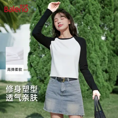 班尼路圆领长袖t恤女2025秋季新款插肩袖初秋打底衫修身内搭上衣Q图片