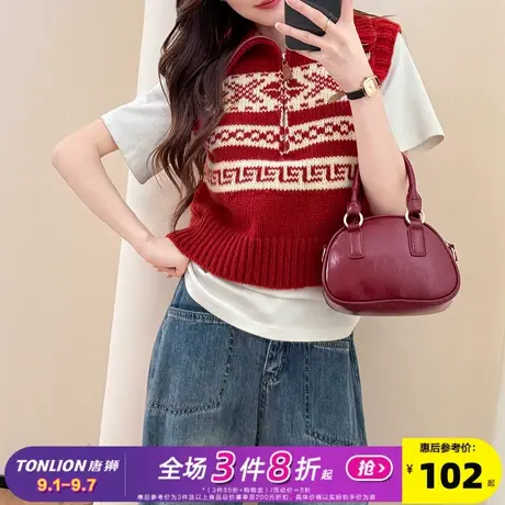 唐狮2025秋冬毛衣背心女复古风套头红色马甲外穿高级感百搭时尚商品大图