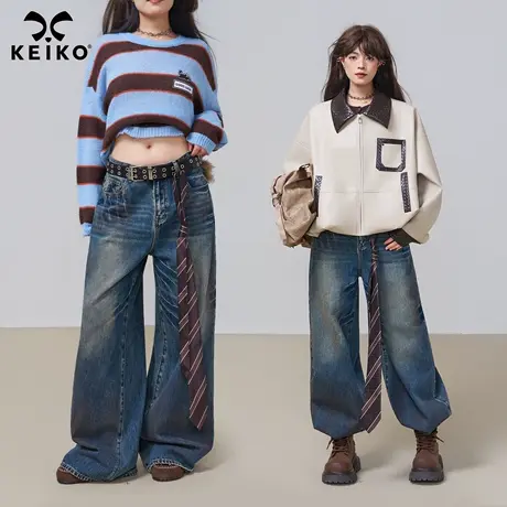 KEIKO[赠腰带] 都市旷野风复古做旧牛仔裤女25秋季高腰直筒阔腿裤商品大图