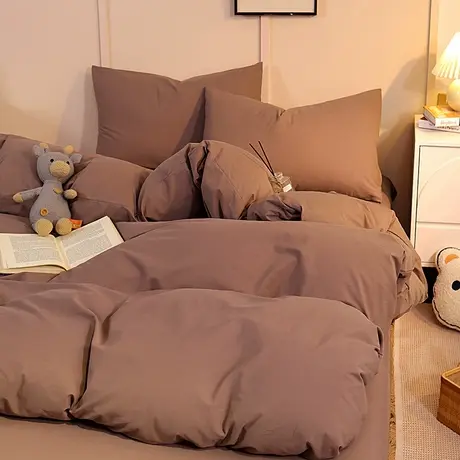 北极绒2025新款亲肤水洗棉纯色双拼简约风四件套风床单床笠款套件图片