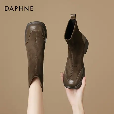 达芙妮棕色短靴子女秋冬弹力瘦瘦靴女2026新款平底袜靴绒面马丁靴图片