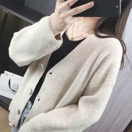 秋装2023新款简约针织衫女开衫春秋季短款毛衣外套纯色慵懒风外搭图片