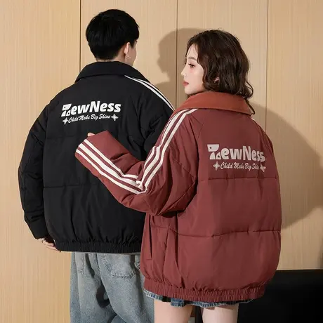 唐狮春季新款情侣棉衣翻领短款流行红色女棉服百搭黑色棉袄TD商品大图