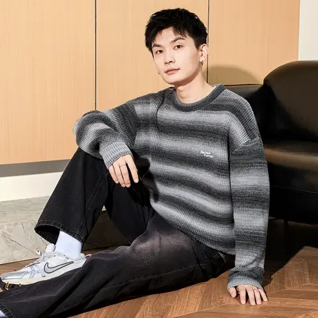 唐狮秋冬季新款毛衣男生圆领渐变条纹针织线衫复古套头青少年潮TE图片