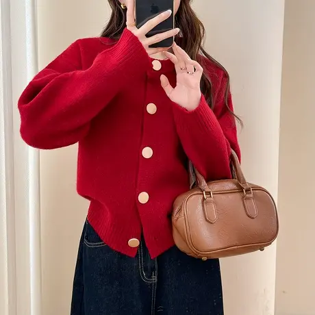 唐狮秋冬季女毛衣简约设计慵懒风圆领开衫外套宽松百搭日常tu图片