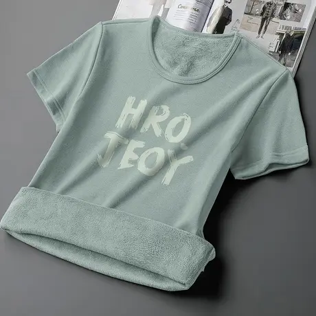 短袖t恤男士圆领上衣服秋冬保暖加绒加厚体恤内搭打底衫印花半袖商品大图