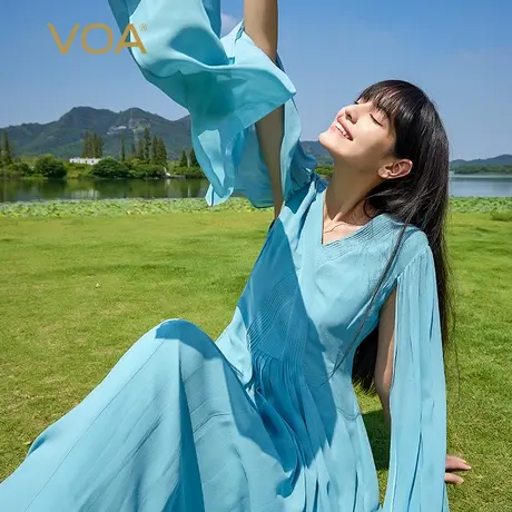 VOA真丝乔其V领冰蓝色塔克褶交叉挂脖设计侧插口袋水袖飘逸古风裙图片