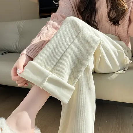 米白色雪尼尔阔腿裤女冬季新款高腰宽松灯芯绒加绒加厚直筒休闲裤图片