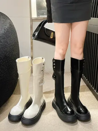 黑色美式厚底长筒靴女2023新款秋季胖mm显瘦骑士靴小个子复古长靴商品大图