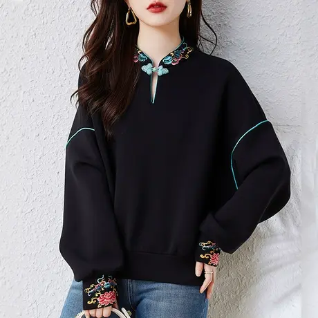 卫衣女春秋新款加肥加大码女装宽松中老年妈妈民主风刺绣显瘦上衣商品大图