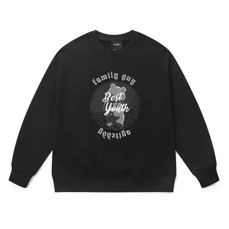 港风趣味高街小熊印花加绒情侣卫衣男秋冬款潮流宽松学生圆领外套商品大图