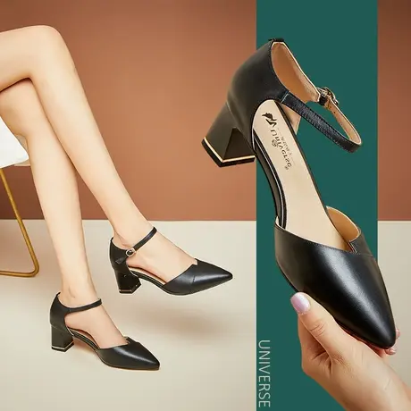 清仓凉鞋女休闲包头低帮中空鞋黑色真皮尖头粗跟一字式扣带商品大图