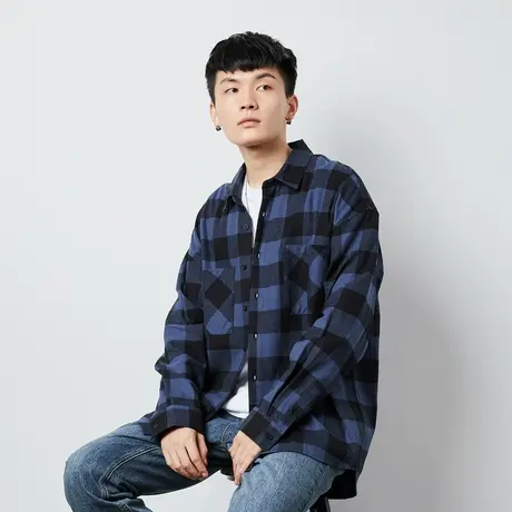 [189元3件专区]唐狮经典美式格子衬衫男秋冬纯棉磨毛加厚格纹图片
