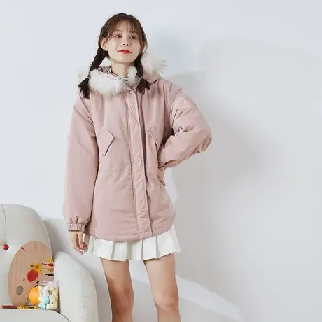 [商场同款]唐狮冬季棉衣女连帽净色袖子贴章长派克棉服休闲加厚图片