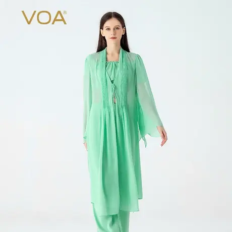 VOA桑蚕丝乔其纱翠绿V领九分袖系带风琴褶宽松腰中长真丝外套风衣图片