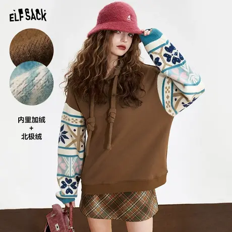 妖精的口袋复古针织连帽卫衣女2023冬季新款小个子设计感长袖上衣图片