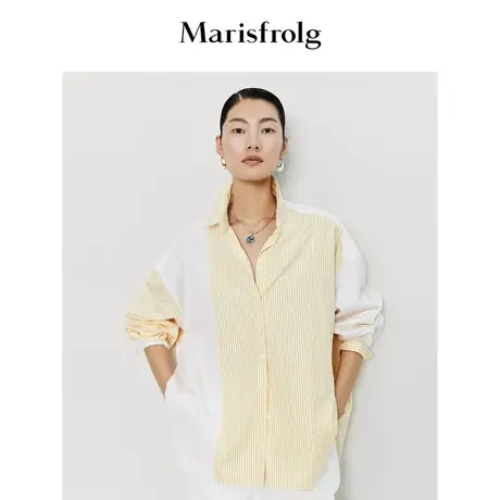 【意大利进口面料】玛丝菲尔春季新款POLO领条纹宽松衬衫外套商品大图