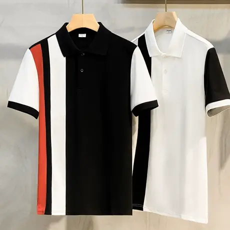 夏季男士帅气拼色POLO衫修身短袖时尚翻领潮流撞色条纹T恤衣服男图片